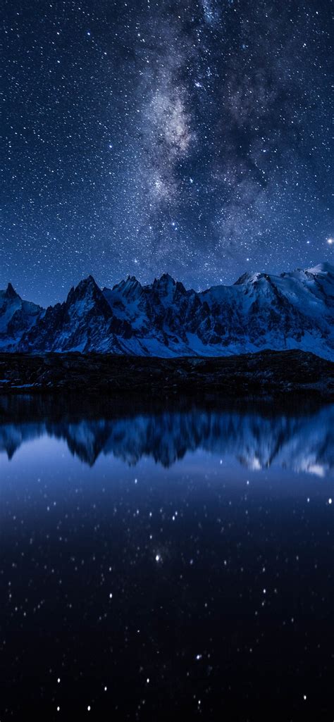 Lake Water Reflection Mountains Starry Stars Night 1242x2688