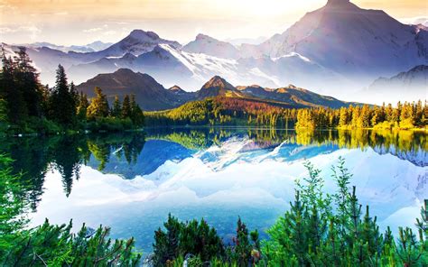 Beautiful Nature Landscape Mountains Trees Lake Sky Clouds Water