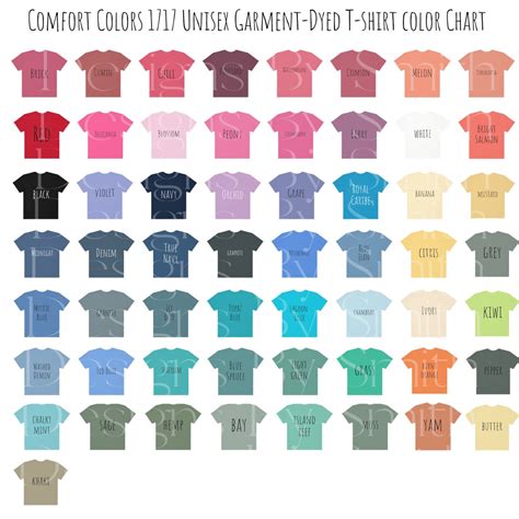 Comfort Colors Unisex Garment Dyed T Shirt Color Chart Etsy