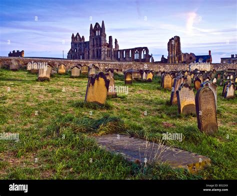 Whitby Abbey And St Marys Church Graveyard At Sunset Stock Photo Alamy