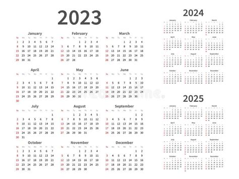 Calendar Grid 2023 2024 2025 Years Graphic Planning Simple Minimal