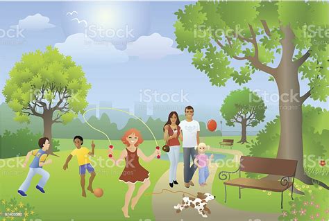 Busy Park Setting With People Playing On Sunny Day Stock Vector Art