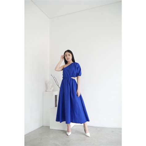 Elona Dress Electric Blue One Shoulder Sabrina Maxi Long Dress Lebaran