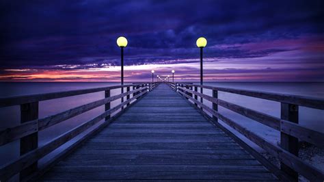 Purple Sunset Pier Hd Wallpaper