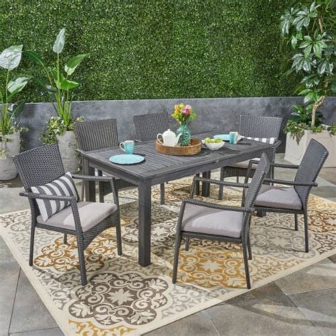 Louis Outdoor 7 Piece Wood And Wicker Expandable Dining Set Gray Gray