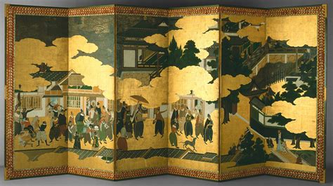 Decorated 16th Century Japanese Nanban Screen Showing The Arrival Of A