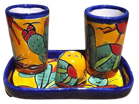 Buy Authentic Mexican Talavera Tequila Glasses Salt Shaker With Tray