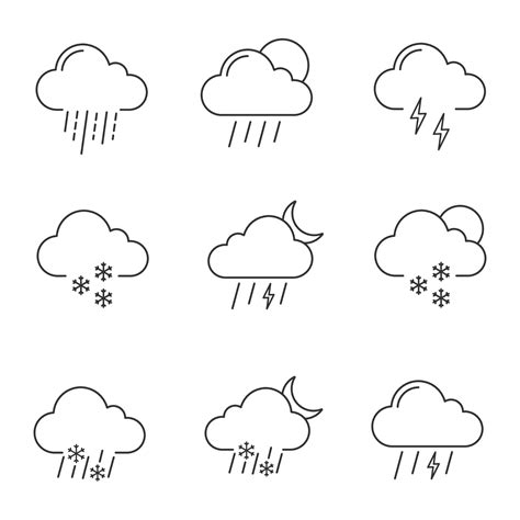 Weather Forecast Linear Icons Set Thunderstorm Drizzle Rain Sleet