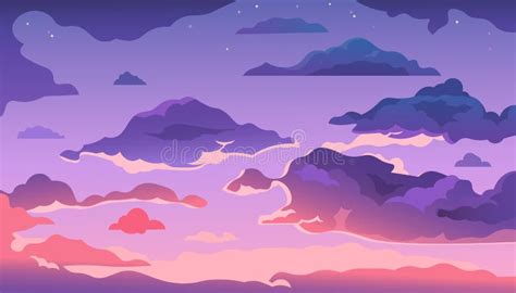 Cartoon Evening Sky Sunset Or Morning Landscape With Clouds And