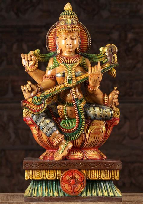 Sold Wooden Saraswati Statue Playing The Veena 24 95w9ax Hindu