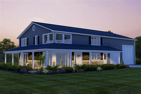 Contemporary Barndominium Style Home Plan With L Shaped Porch