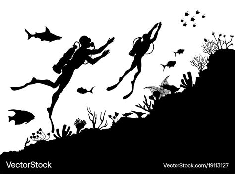 Silhouettes Of Divers Exploring Underwater Reef Vector Image