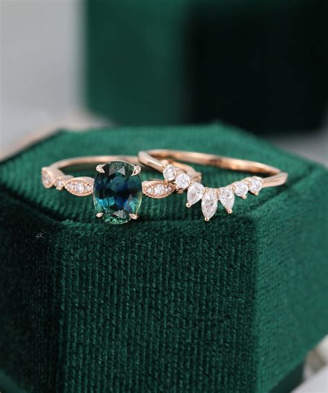 Oval Teal Green Blue Sapphire Engagement Ring Set Rose Gold Diamond