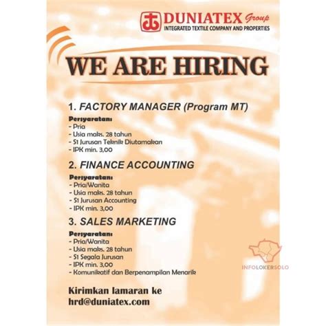 Lihat informasi lowongan kerja bandar lampung terbaru hari ini di mamikos.com. Lowongan Kerja Pabrik Duniatex Group di Solo - INFO LOKER SOLO