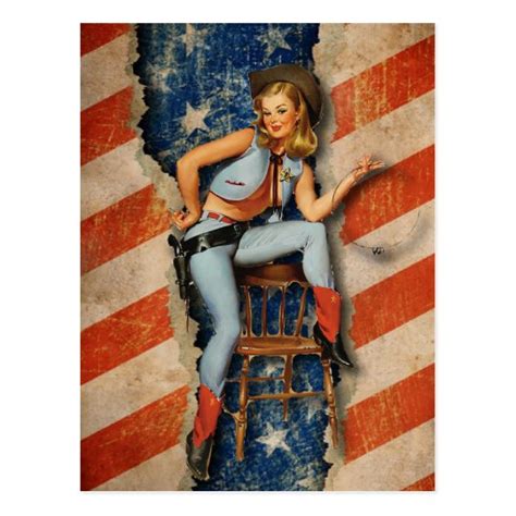 American Flag Patriotic Naughty Pinup Cowgirl Postcard