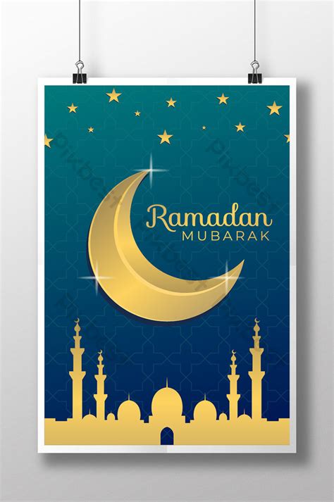 Ramadan Poster Template With Gold Crescent Moon And Mosque Psd Free