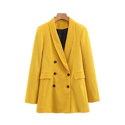 Women Chic Yellow Blazer Pockets Double Breasted Long Sleeve Office We