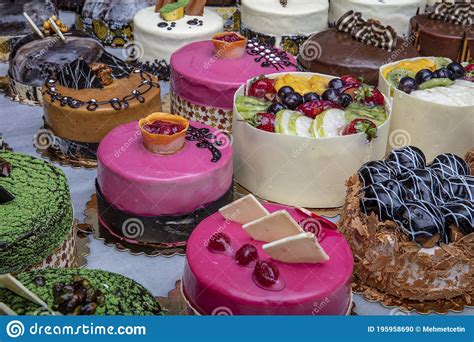 Pastry Shop With Selection Of Cream Or Fruit Cake Colorful Beautiful