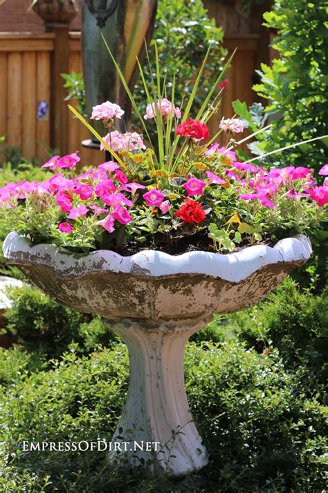 A Bird Bath Filled With Lots Of Flowers