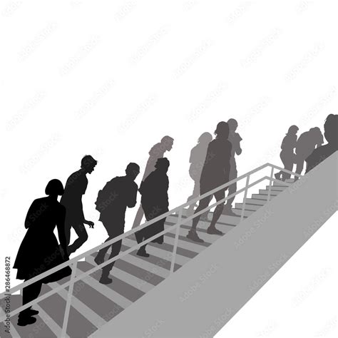 Vector Silhouettes Of People Climbing Up The Stairs In Japan Stock