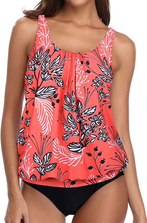 Yonique Red Blouson Tankini Swimsuits For Women Floral Bathing Suits