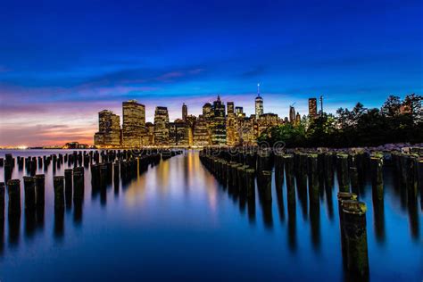 Sunset At Lower Manhattan Skyline New York United States Stock Photo