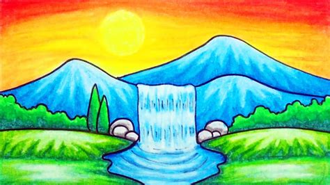 How To Draw Easy Scenery Drawing Waterfall At Sunset Scenery Step By