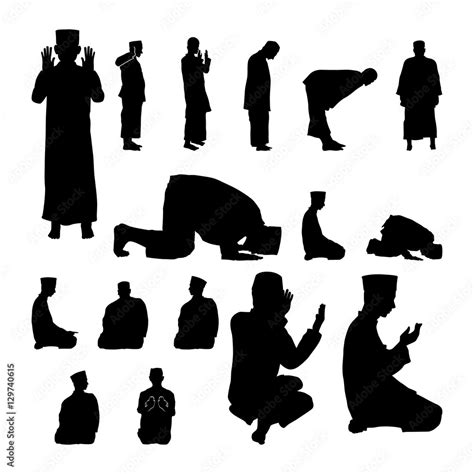 Set Of Muslim Prayer Position Guide Perform Silhouette Illustration