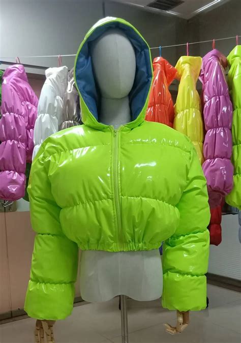 fashion winter patent leather bubble coat women zipper waterproof cotton padded red puffer