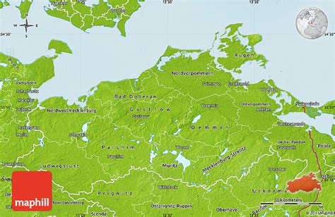 Fishing maps and tourist fishing licence providers. Physical Map of Mecklenburg-Vorpommern