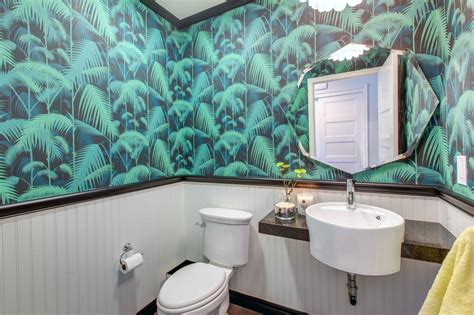 Green Tropical Powder Room With Palm Wallpaper Hgtv