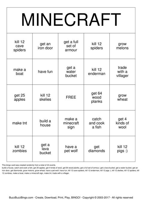 Minecraft Bingo Cards To Download Print And Customize