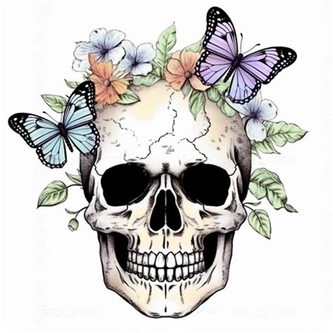 Premium Ai Image A Skull With Flowers And Butterflies On Its Head