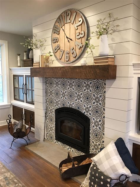 Perfect Mantel Decor With Large Wooden Clock And Tile Wall Decor