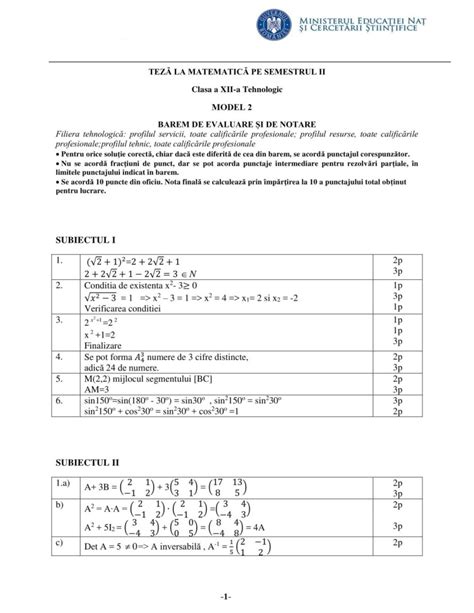 Clasa A 12 A M2 Tehnologic Modele De Teza La Matematica