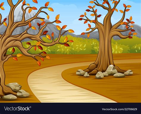Cartoon Of Beautiful Autumn Tree With A Mountain B
