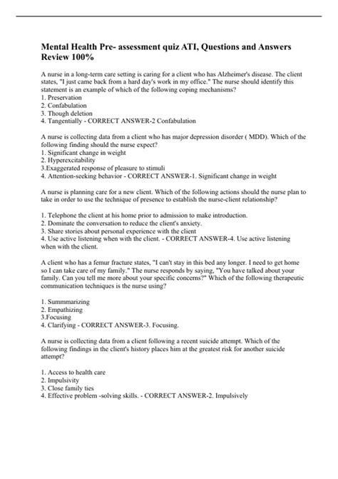 Ati Capstone Mental Health Pre Assessment Forum Open Topic