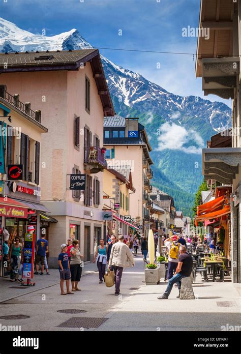 Chamonix Town France Europe Shopping Street With Mont Blanc In The Background In Summer
