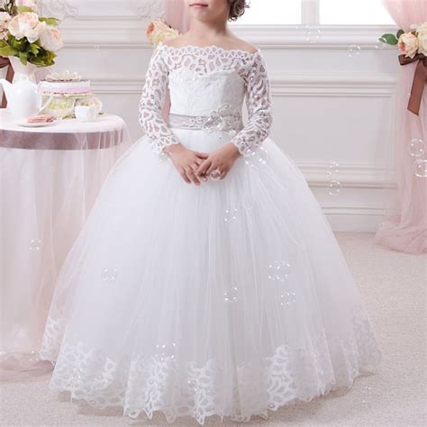 Manga larga Encaje flor blanca Niñas Vestidos para bodas ...
