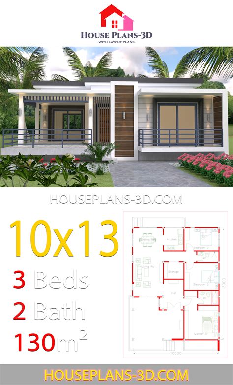 House Design 10x13 With 3 Bedrooms Terrace Roof House Plans 3d