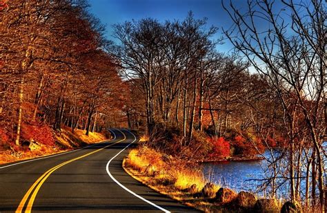 Autumn Road Fall River Leaves Road Hd Wallpaper Peakpx
