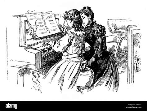 Young Girl Being Given A Piano Lesson Wood Engraving Paris 1889