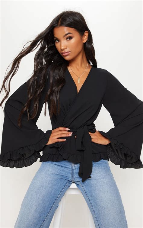 Black Flared Sleeve Frill Blouse Tops Prettylittlething