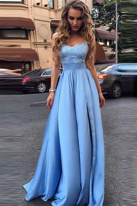 Strapless Light Blue Lace Empire Waist Long Fashion Evening Prom Dress