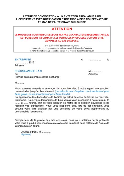 Lettre De Convocation A Un Entretien Prealable DOC PDF Page Sur