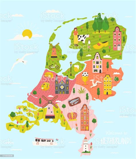 Illustrated Map Of Netherlands With Famous Symbols Stock Illustration