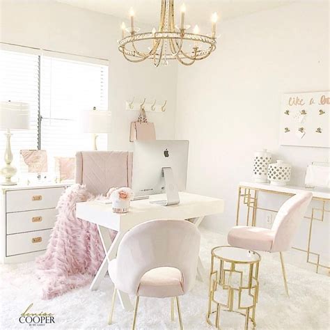 A Beautiful And Luxurious Home Office Design With Pink White And Gold