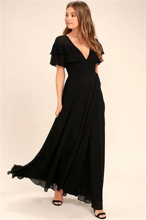 Lovely Black Wrap Maxi Short Sleeve Wrap Dress Black Maxi Dress 89 00 Lulus