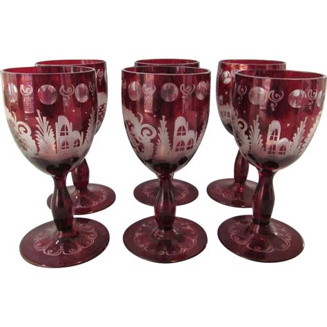 Triple bohemian czech ruby cut to clear glass wine decanters tantalus 19 tall. Old Czech Bohemian Glass Deep Ruby Cut to Clear Set of 6 ...