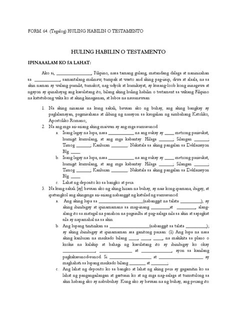Form No 64 Tagalog Huling Habilin O Testamento Pdf